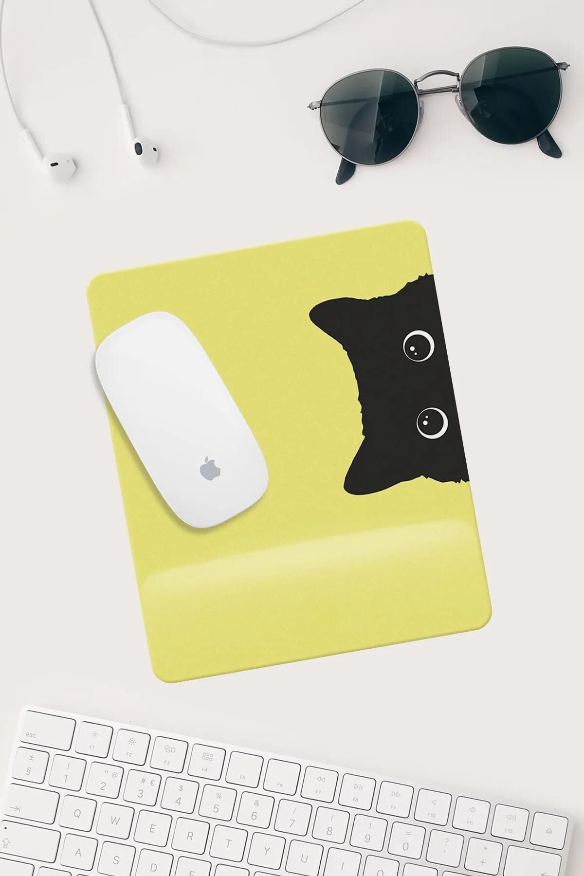 Jel Dolgulu Pvc Yüzey Sarı Kedi Çizimli Bilek Destekli Dikdörtgen Mouse Pad Mouse Altlığı.