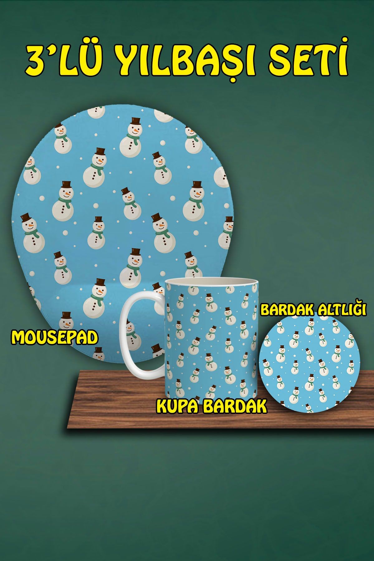 Yılbaşı Temalı 3'lü Bilek Destekli Mousepad Kupa Ve Bardak Altlığı Seti
