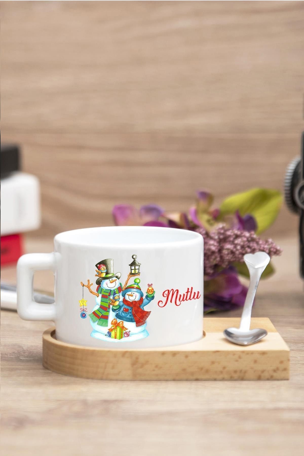 Yılbaşı Noel Temalı Baskılı Ahşap Altlıklı Kaşıklı Kupa