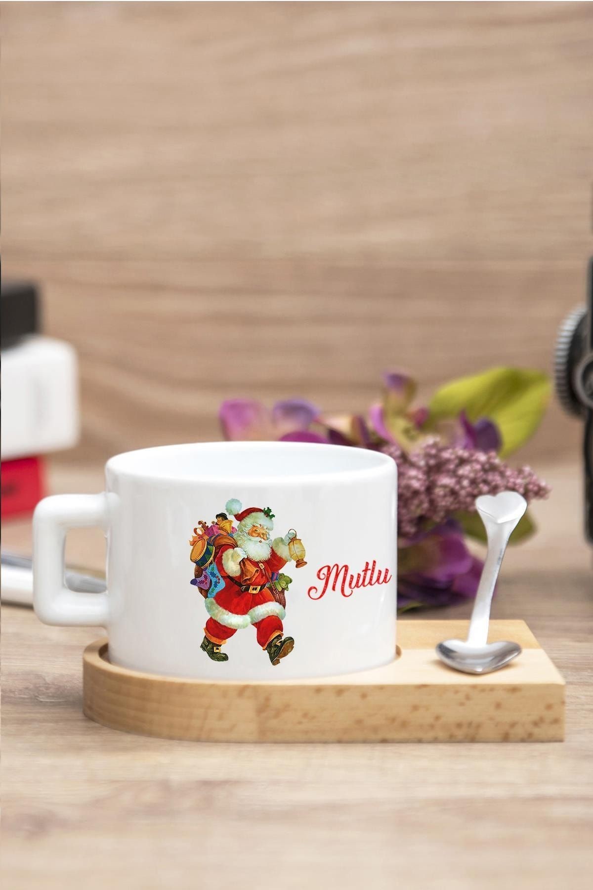 Yılbaşı Noel Temalı Baskılı Ahşap Altlıklı Kaşıklı Kupa