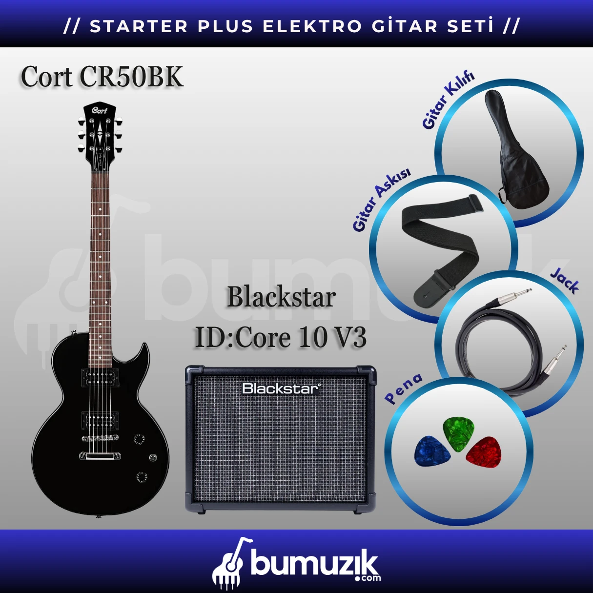 STARTER PLUS Elektro Gitar Seti // Cort CR50BK, Blackstar ID:Core 10 V4 Dijital Kombo Elektro Gitar Amfisi