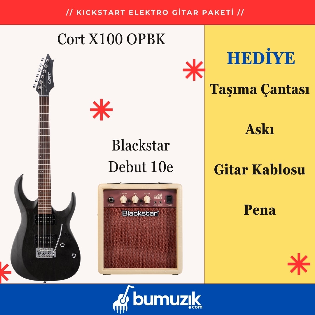 KICKSTART PLUS Elektro Gitar Seti // CORT X100 OPBK, Blackstar Debut 10e Combo Elektro Gitar Amfisi 