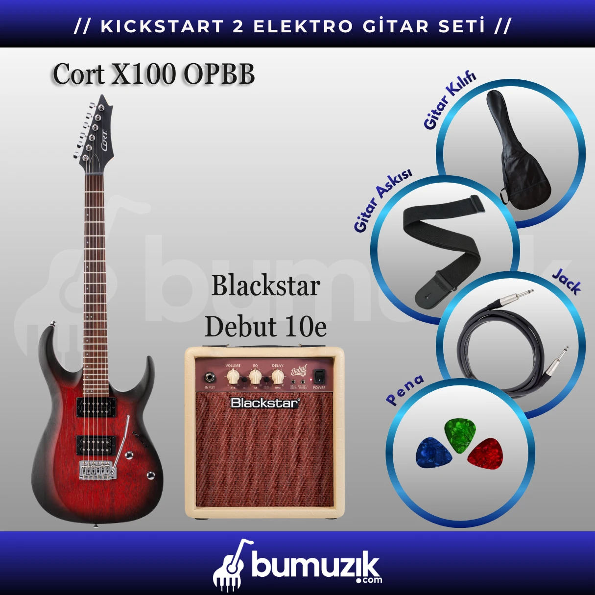 KICKSTART 2 Elektro Gitar Seti // CORT X100 OPBB, Blackstar Debut 10e Combo Elektro Gitar Amfisi 