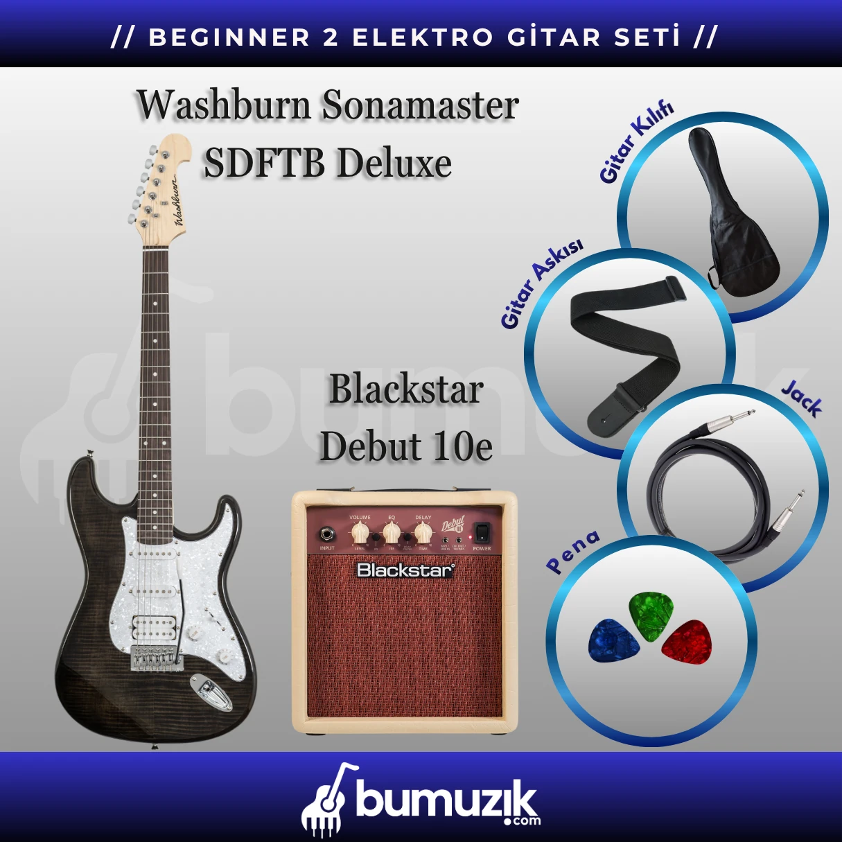 BEGINNER 2 Elektro Gitar Seti // Washburn Sonamaster SDFTB, Blackstar Debut 10e Combo Elektro Gitar Amfisi 