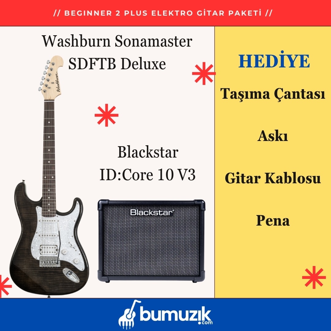 BEGINNER 2 PLUS Elektro Gitar Seti // Washburn Sonamaster SDFTB, Blackstar ID:Core 10 V4 Dijital Kombo Elektro Gitar Amfisi