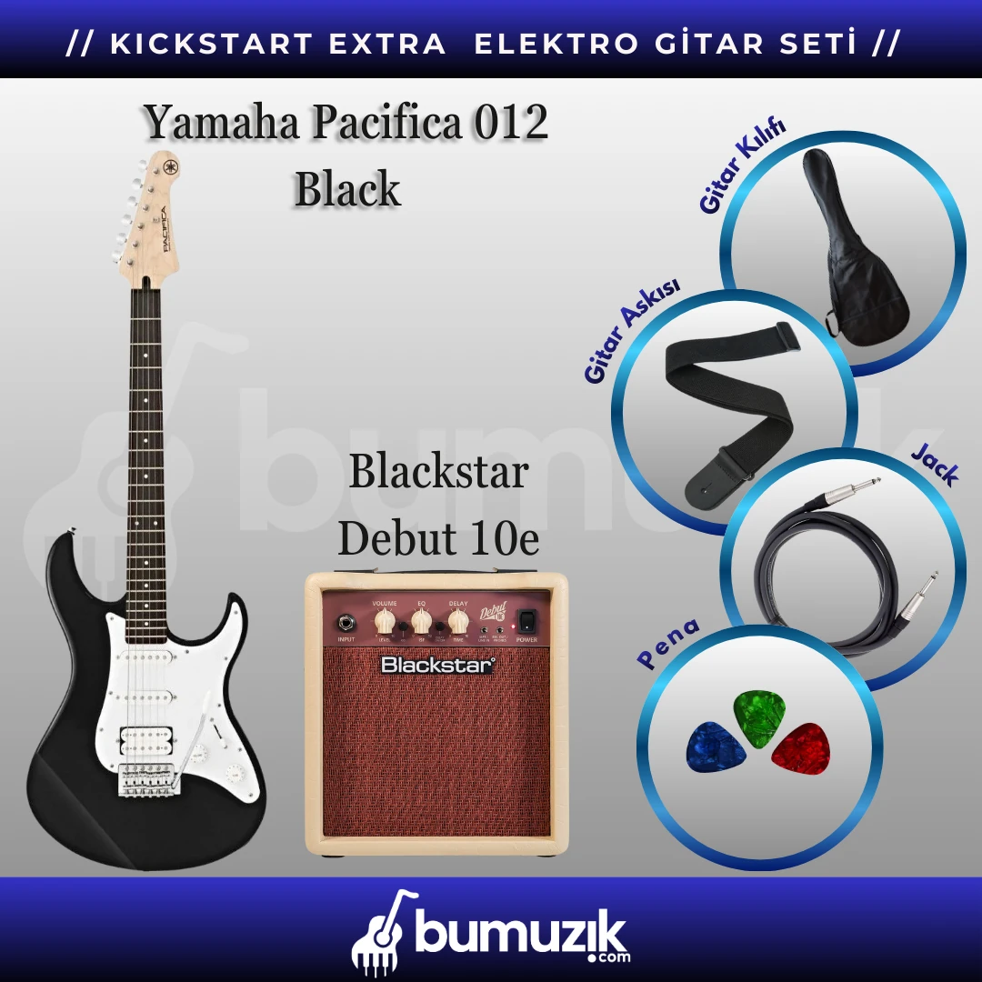 KICKSTART EKSTRA Elektro Gitar Seti // Yamaha Pacifica 012 Black, Blackstar Debut 10e Combo Elektro Gitar Amfisi 