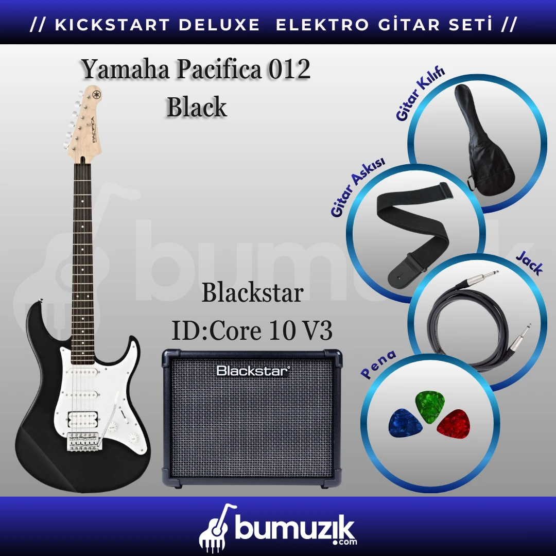 KICKSTART DELUXE Elektro Gitar Seti // Yamaha Pacifica 012 Black, Blackstar ID:Core 10 V4 Dijital Kombo Elektro Gitar Amfisi