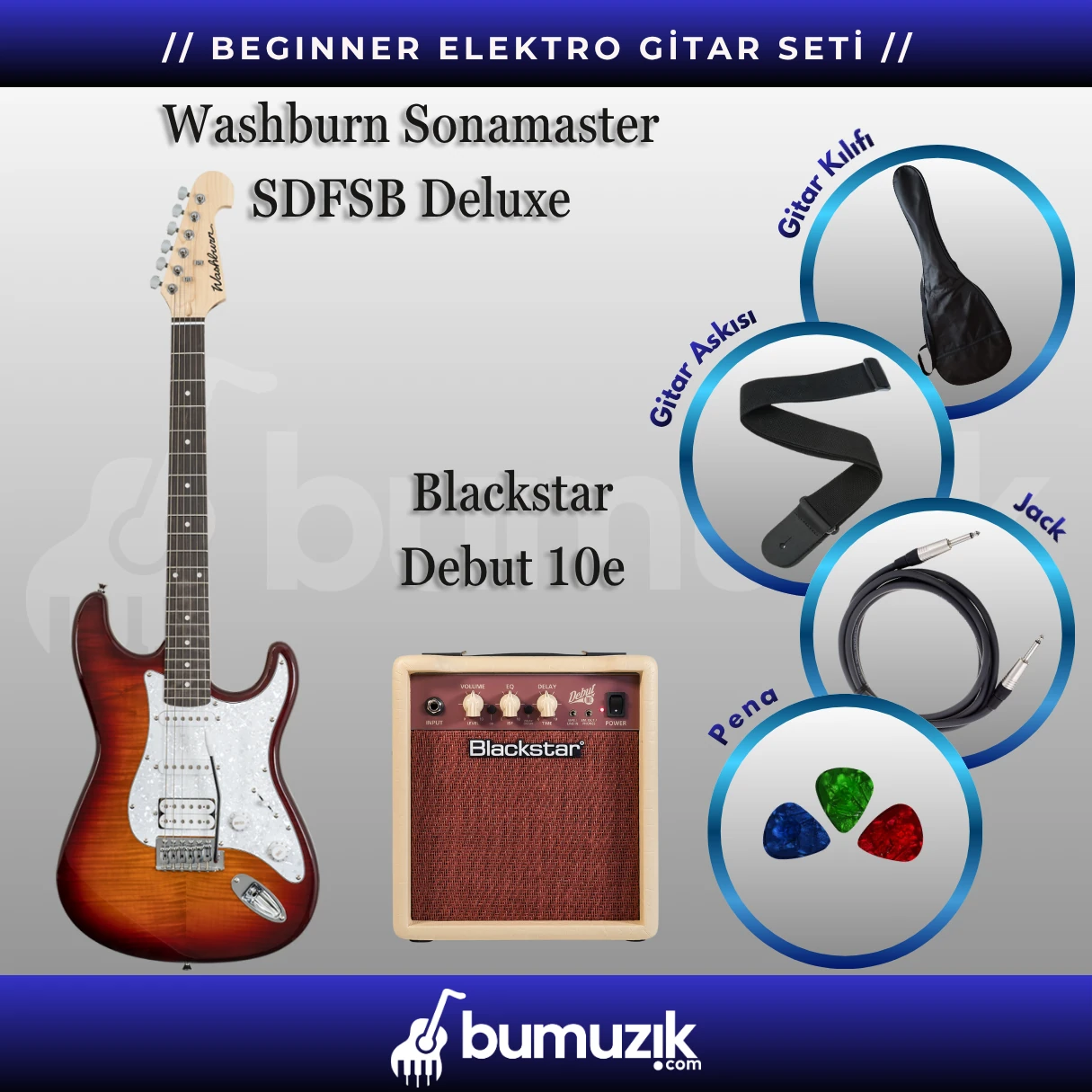 BEGINNER Elektro Gitar Seti // Washburn Sonamaster SDFSB, Blackstar Debut 10e Combo Elektro Gitar Amfisi 