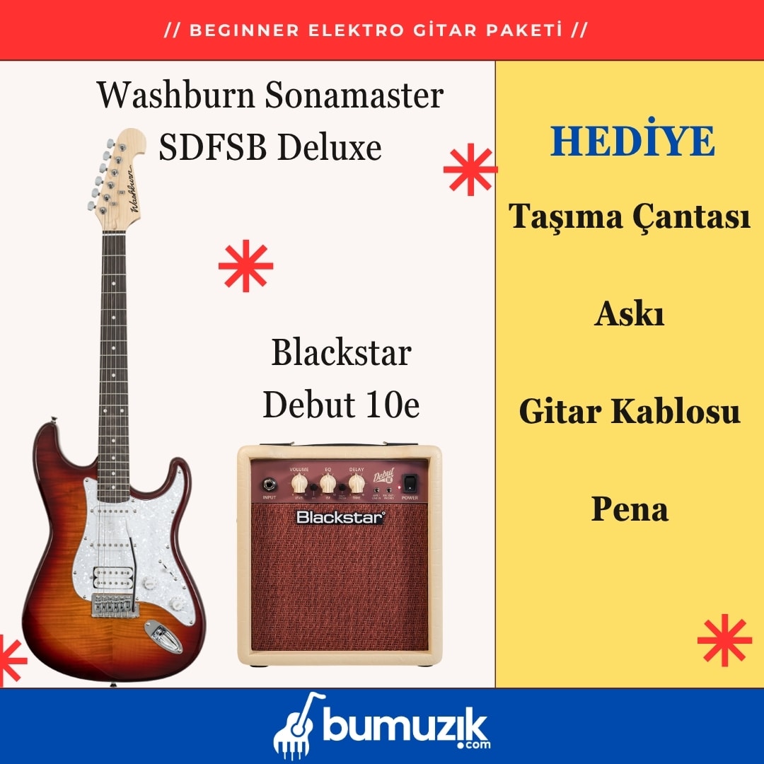 BEGINNER Elektro Gitar Seti // Washburn Sonamaster SDFSB, Blackstar Debut 10e Combo Elektro Gitar Amfisi 