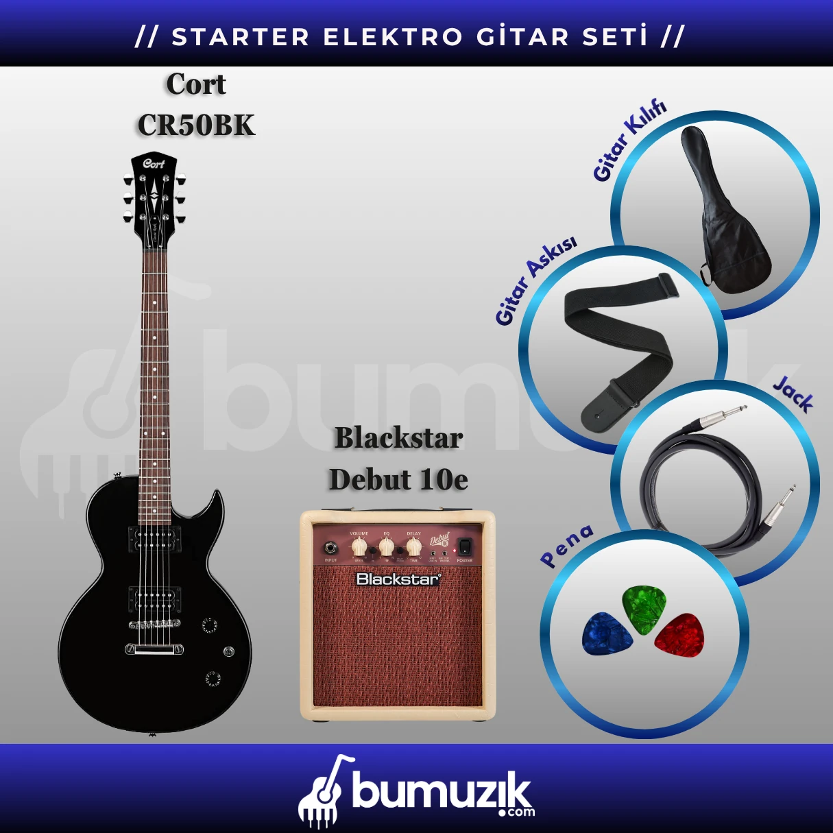 STARTER Elektro Gitar Seti // Cort CR50BK, Blackstar Debut 10e Combo Elektro Gitar Amfisi 