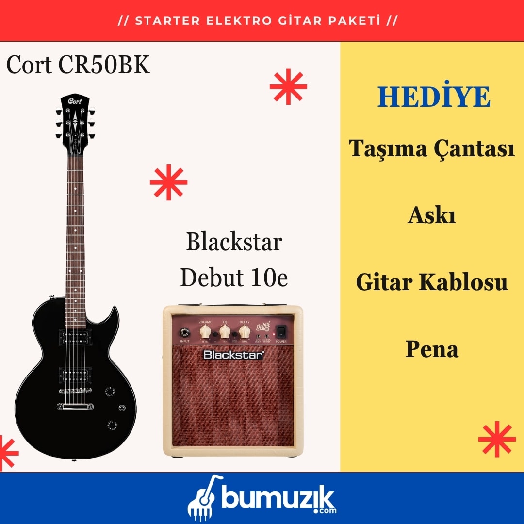 STARTER Elektro Gitar Seti // Cort CR50BK, Blackstar Debut 10e Combo Elektro Gitar Amfisi 