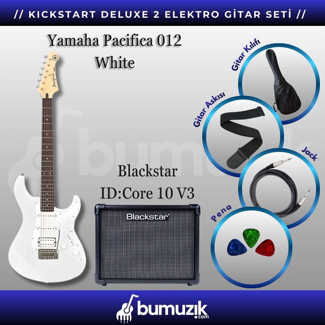 KICKSTART DELUXE 2 Elektro Gitar Seti // Yamaha Pacifica 012 Vintage White, Blackstar ID:Core 10 V4 Dijital Kombo Elektro Gitar Amfisi