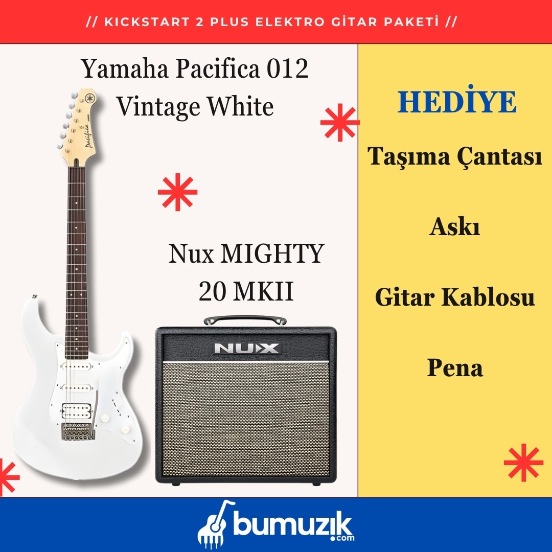 PROGRESS Elektro Gitar Seti // Yamaha Pacifica 012 Vintage White, Nux Mighty 20 MKII Elektro Gitar Amfisi
