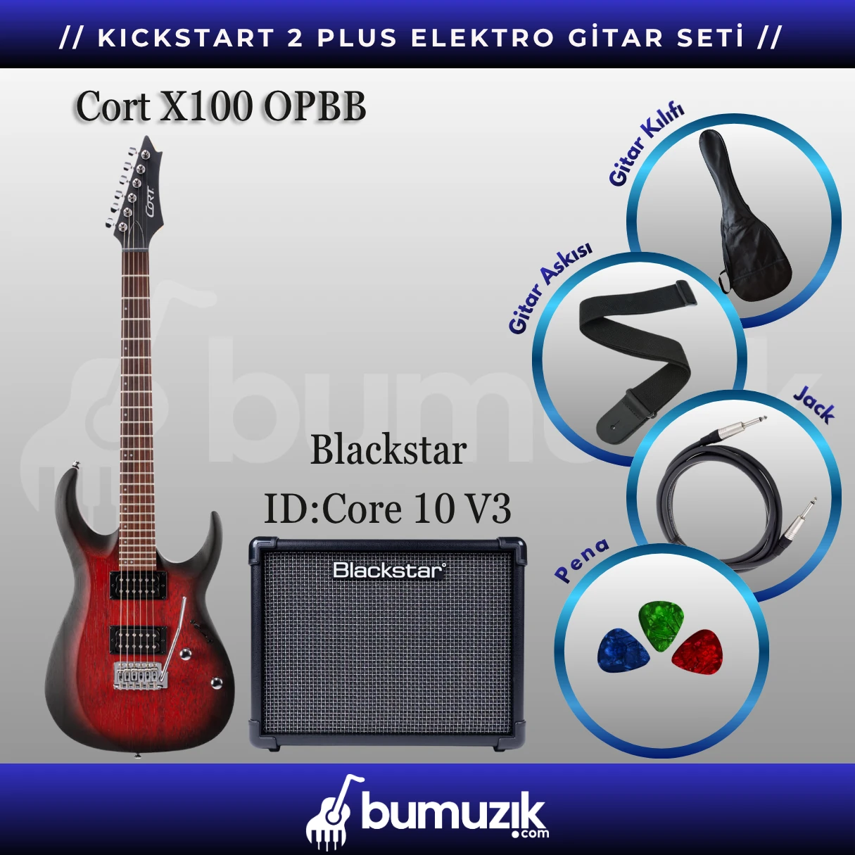 KICKSTART 2 PLUS Elektro Gitar Seti // CORT X100 OPBB, Blackstar ID:Core 10 V4 Dijital Kombo Elektro Gitar Amfi