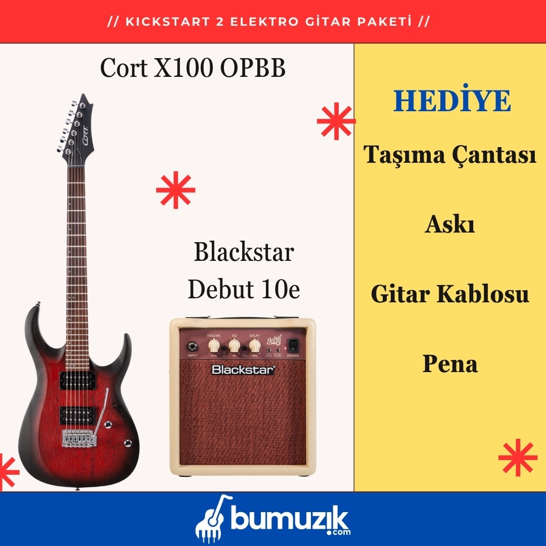 KICKSTART 2 Elektro Gitar Seti // CORT X100 OPBB, Blackstar Debut 10e Combo Elektro Gitar Amfisi 