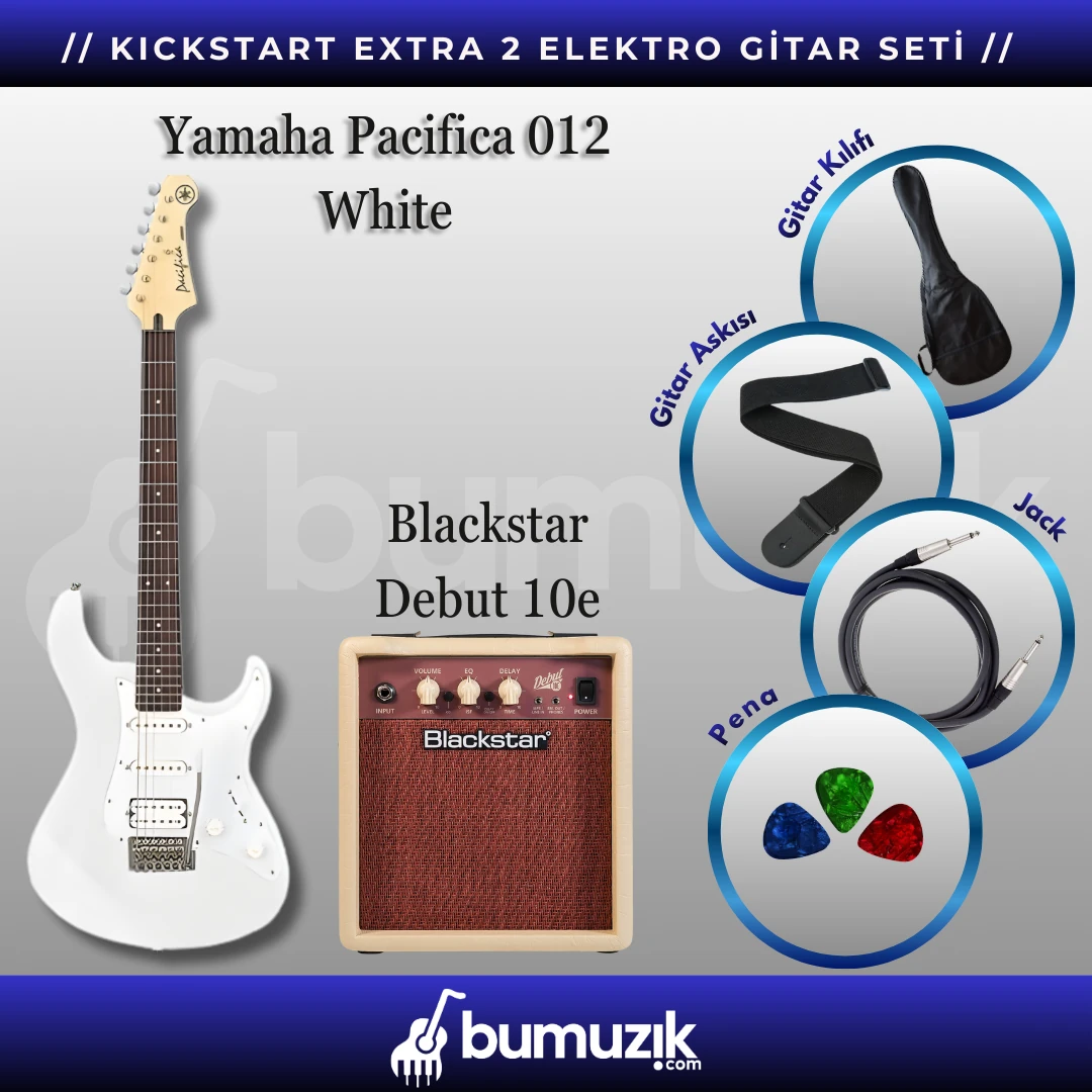 KICKSTART EKSTRA 2 Elektro Gitar Seti // Yamaha Pacifica 012 Vintage White, Blackstar Debut 10e Combo Elektro Gitar Amfisi 