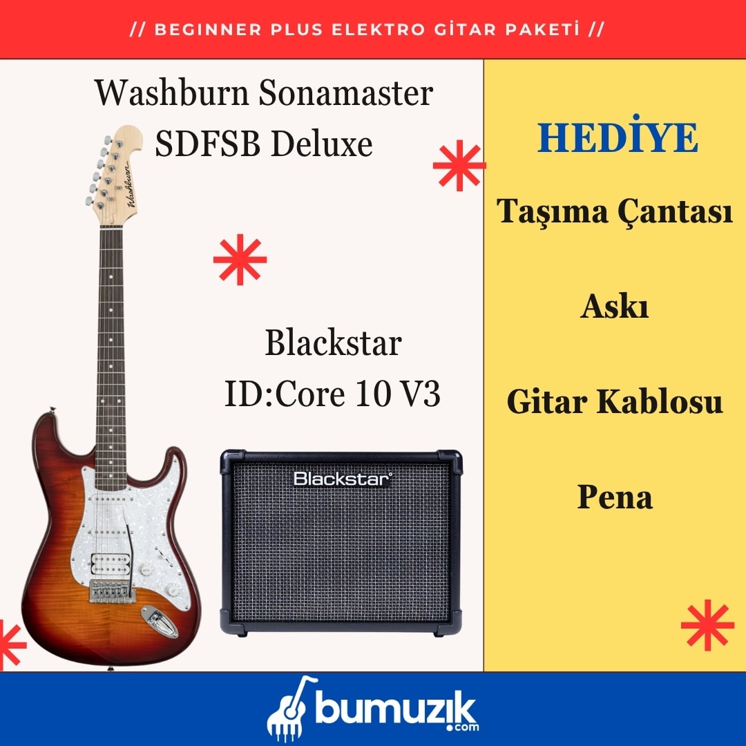 BEGINNER PLUS Elektro Gitar Seti // Washburn Sonamaster SDFSB, Blackstar ID:Core 10 V4 Dijital Kombo Elektro Gitar Amfisi