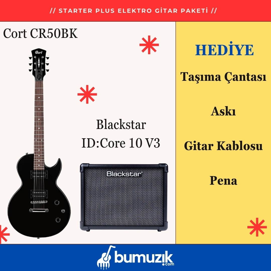 STARTER PLUS Elektro Gitar Seti // Cort CR50BK, Blackstar ID:Core 10 V4 Dijital Kombo Elektro Gitar Amfisi