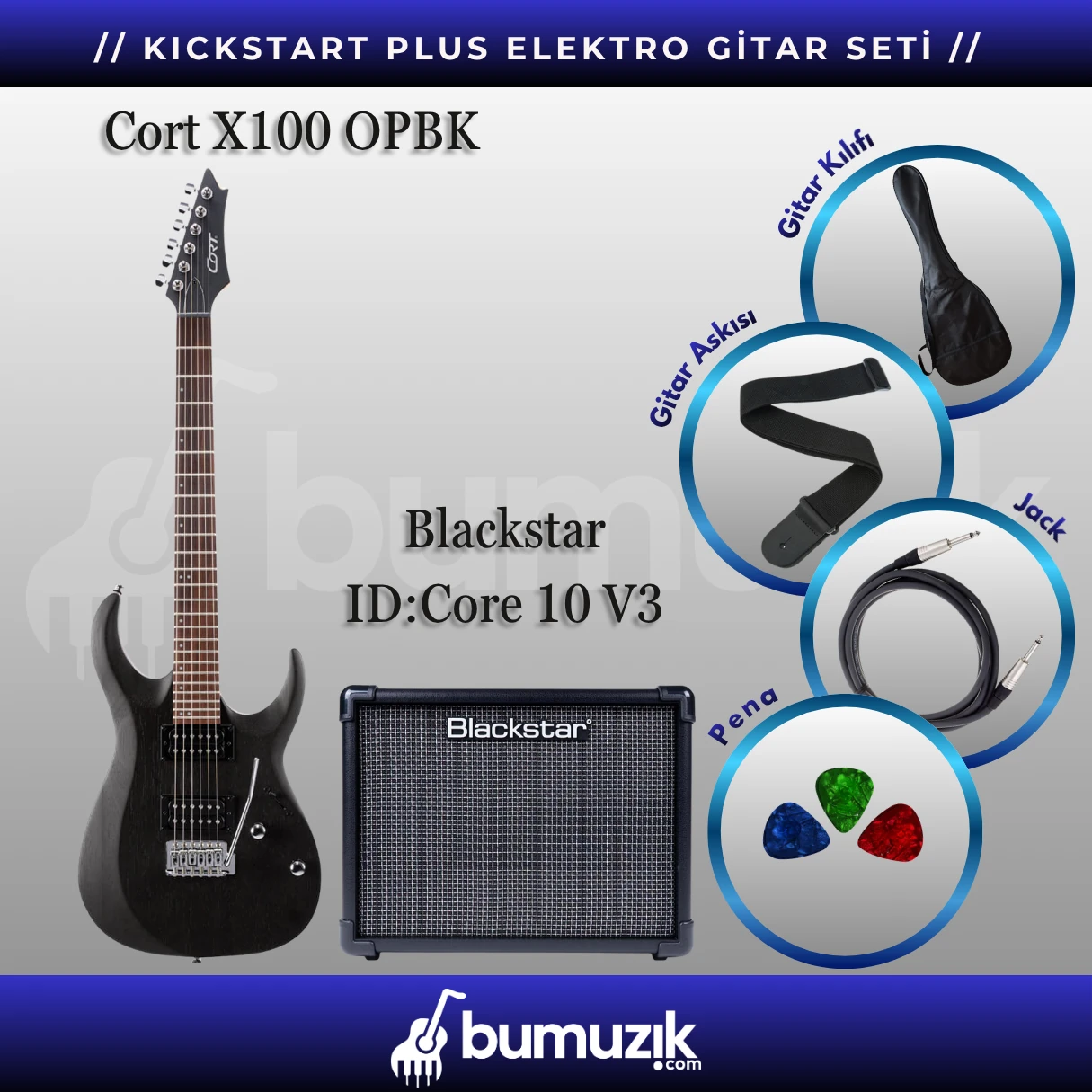 KICKSTART PLUS Elektro Gitar Seti // CORT X100 OPBK, Blackstar ID:Core 10 V3 Elektro Gitar Amfisi 