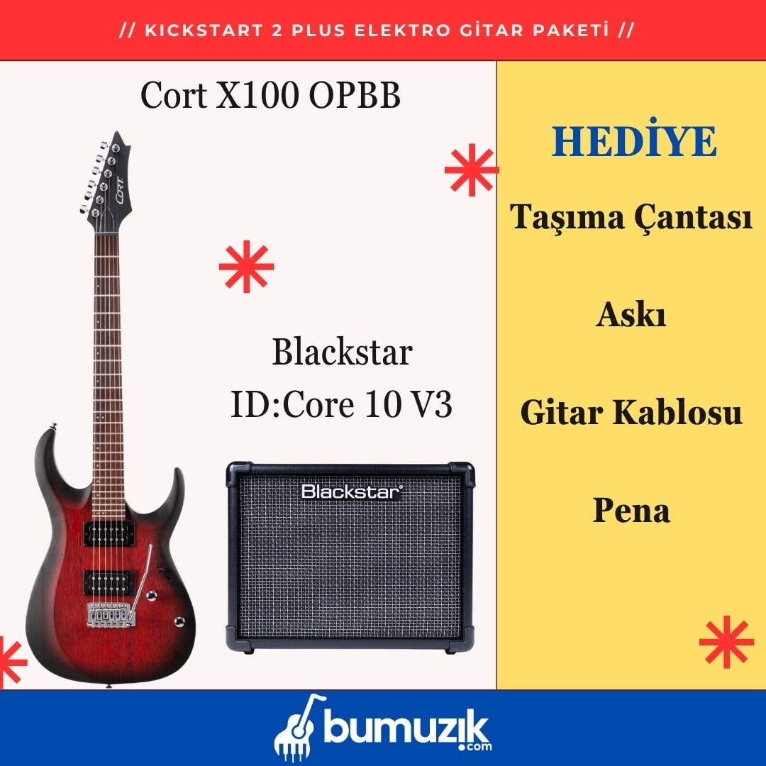 KICKSTART 2 PLUS Elektro Gitar Seti // CORT X100 OPBB, Blackstar ID:Core 10 V4 Dijital Kombo Elektro Gitar Amfi