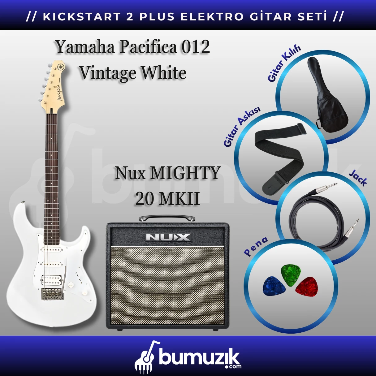 PROGRESS Elektro Gitar Seti // Yamaha Pacifica 012 Vintage White, Nux Mighty 20 MKII Elektro Gitar Amfisi