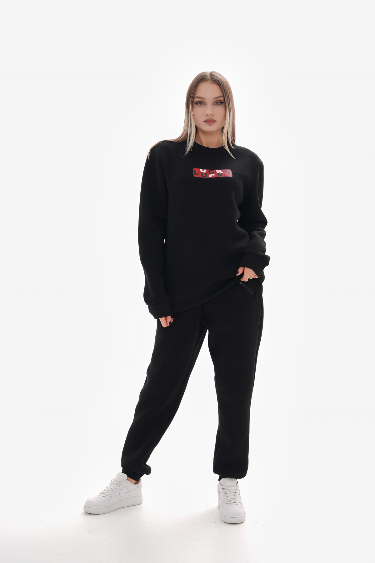 ‘Lucky’ Baskılı Sıfır Yaka Sweatshirt