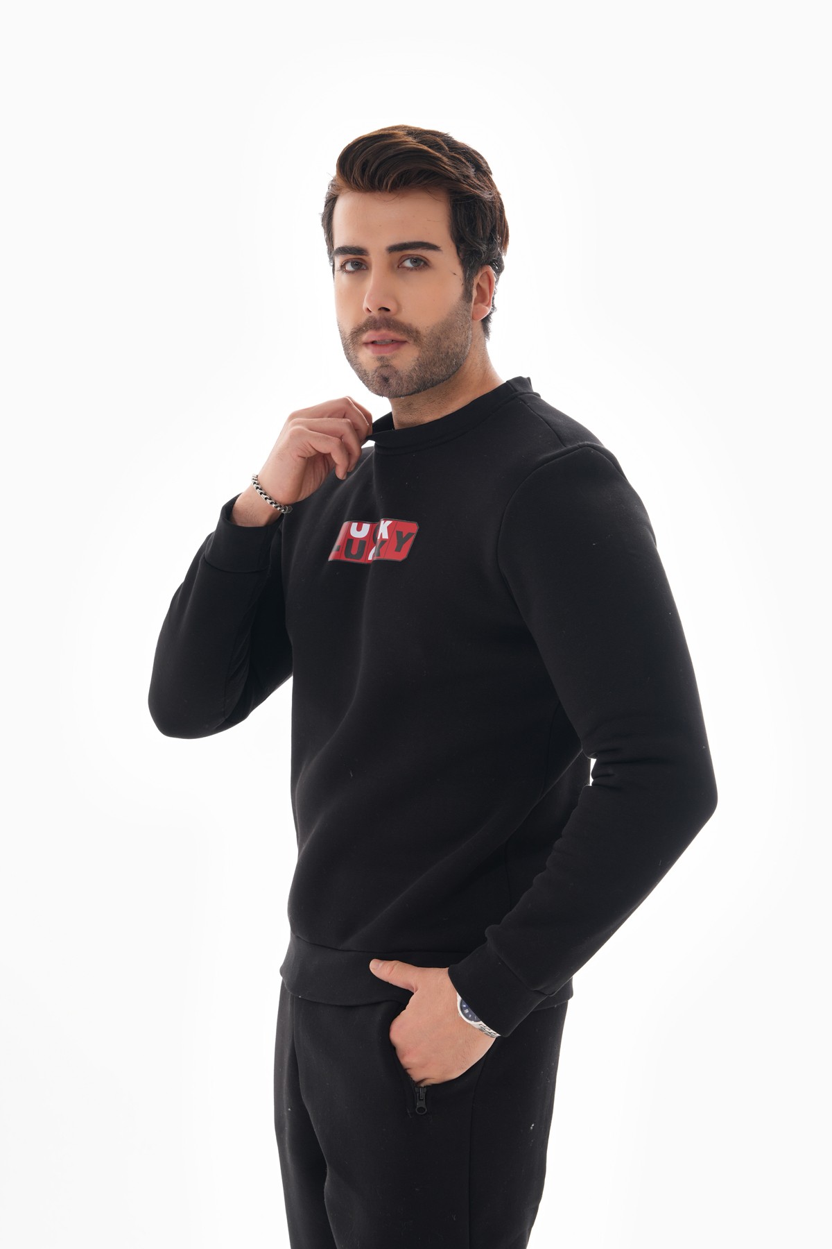 ‘Lucky’ Baskılı Sıfır Yaka Sweatshirt