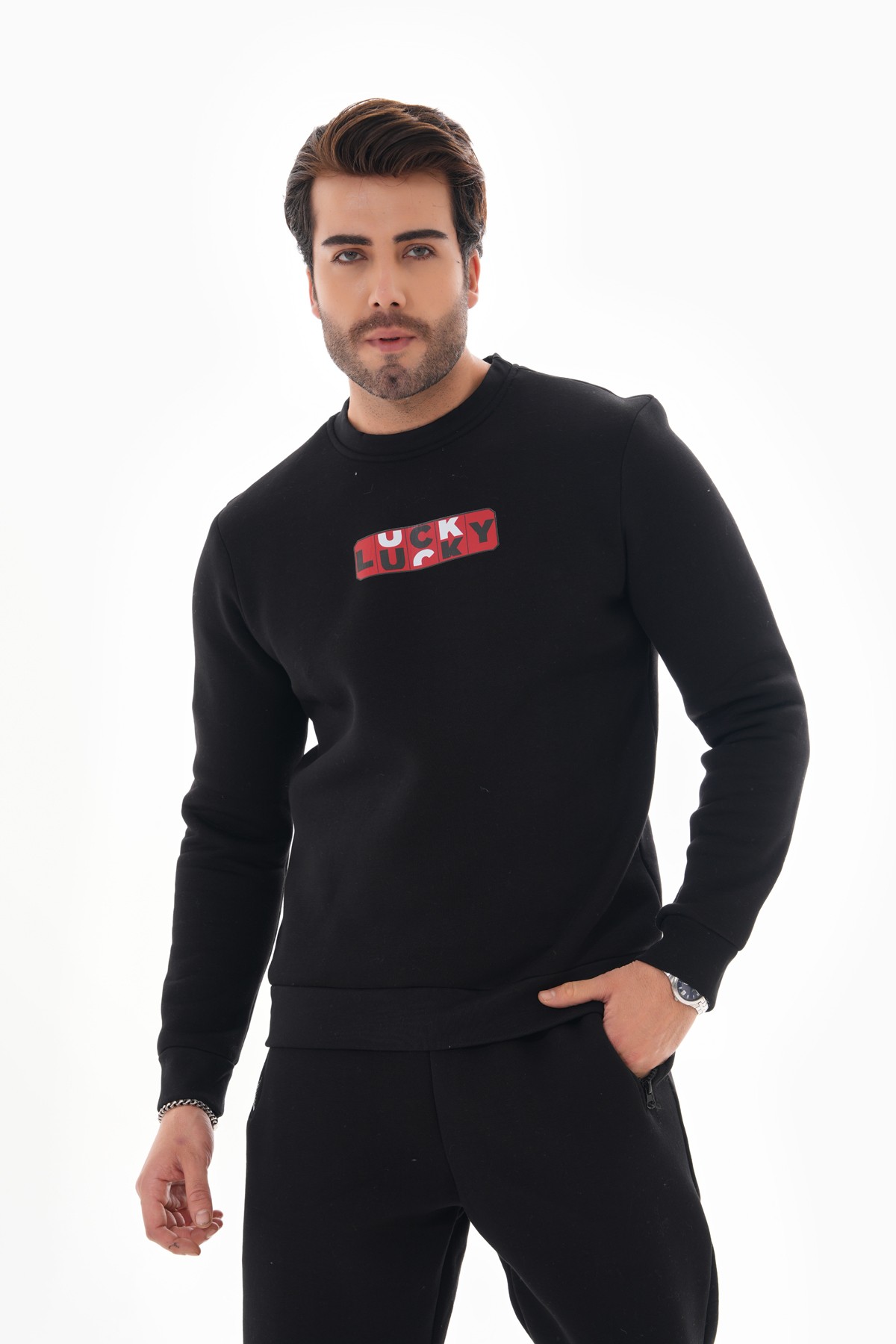 ‘Lucky’ Baskılı Sıfır Yaka Sweatshirt