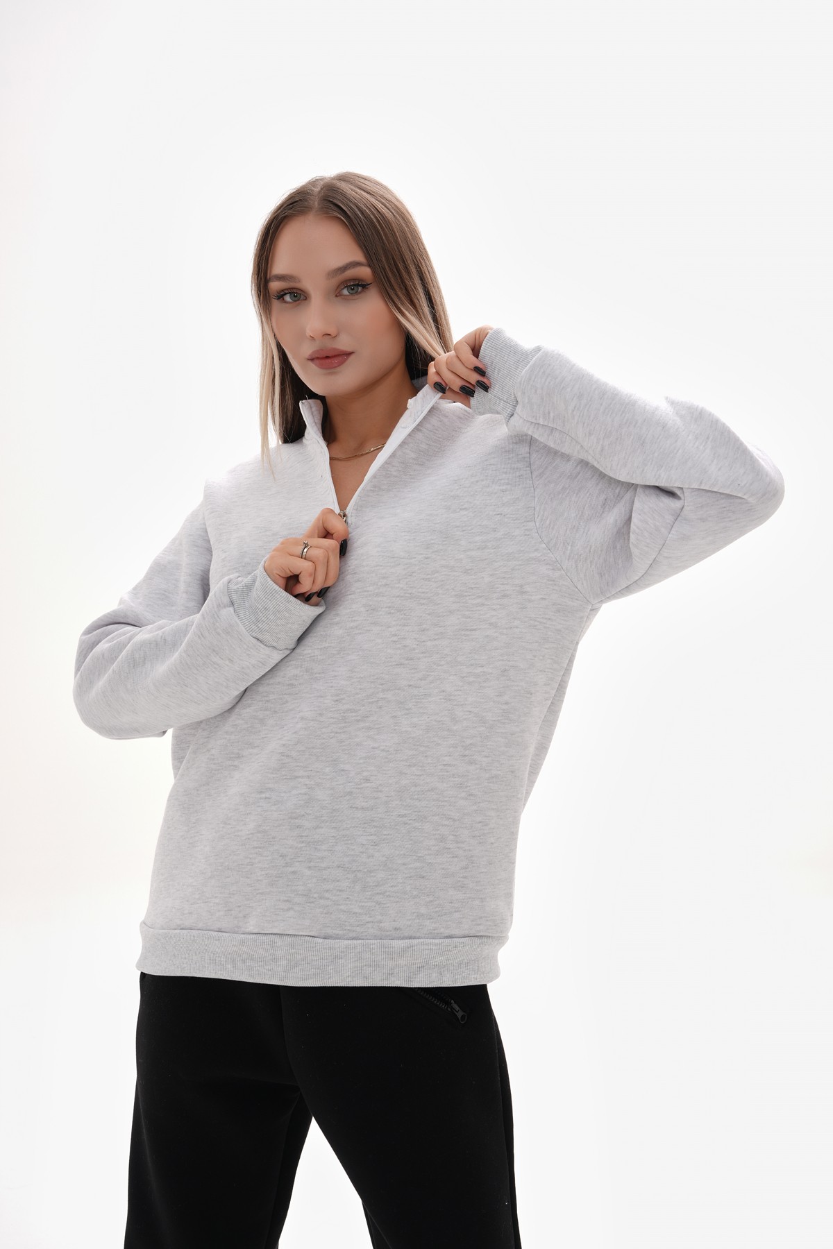 Yarım Fermuarlı Oversize Sweatshirt - Karmelanj