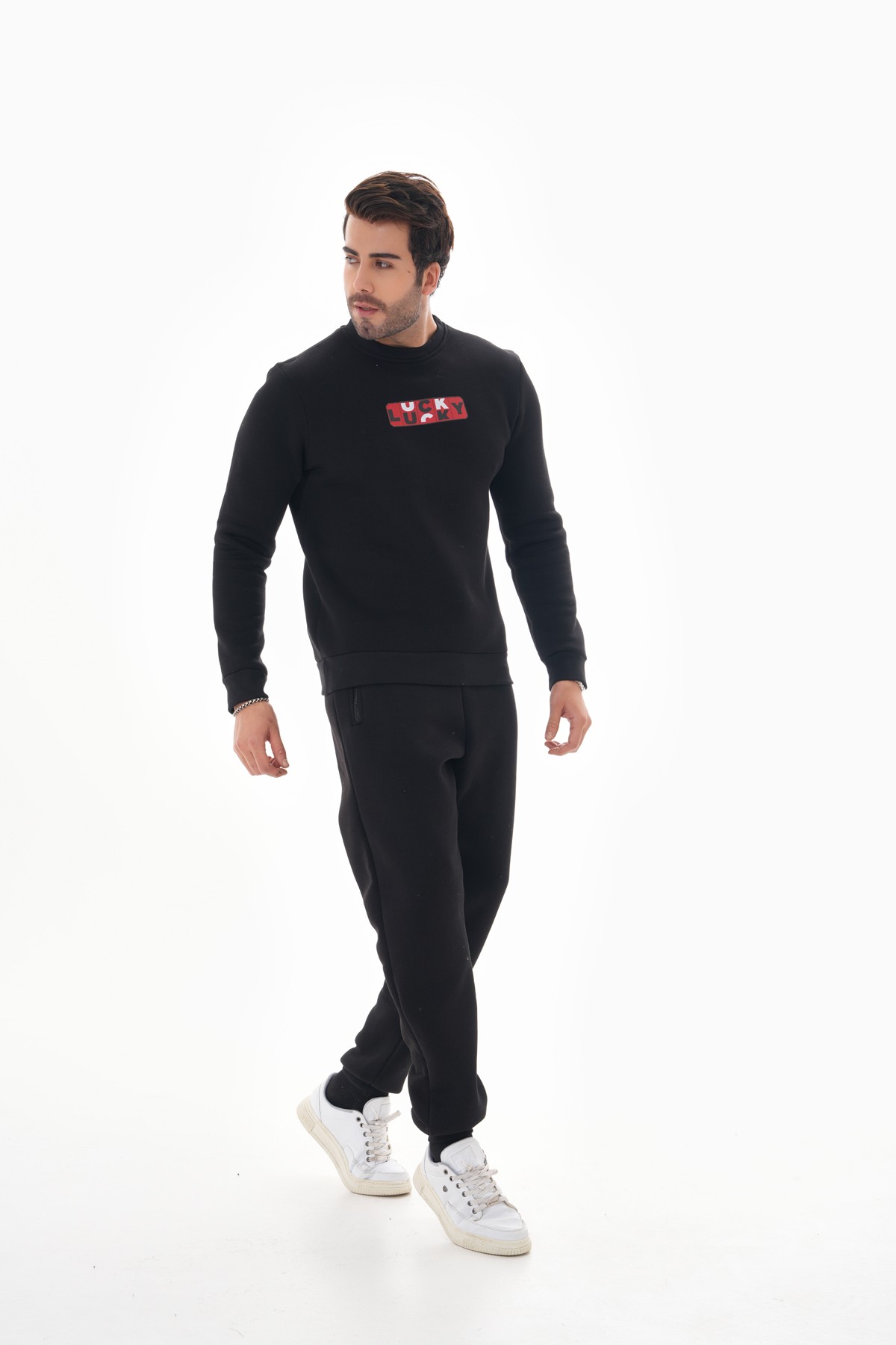 ‘Lucky’ Baskılı Sıfır Yaka Sweatshirt