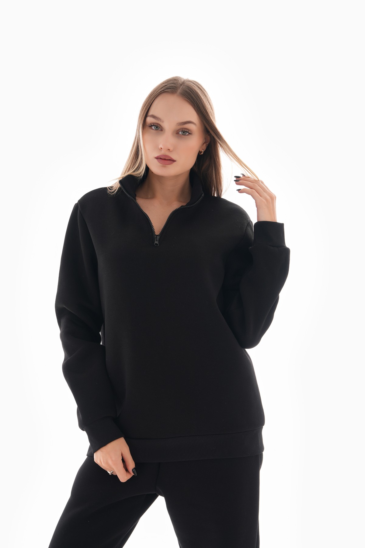 Yarım Fermuarlı Oversize Sweatshirt - Siyah