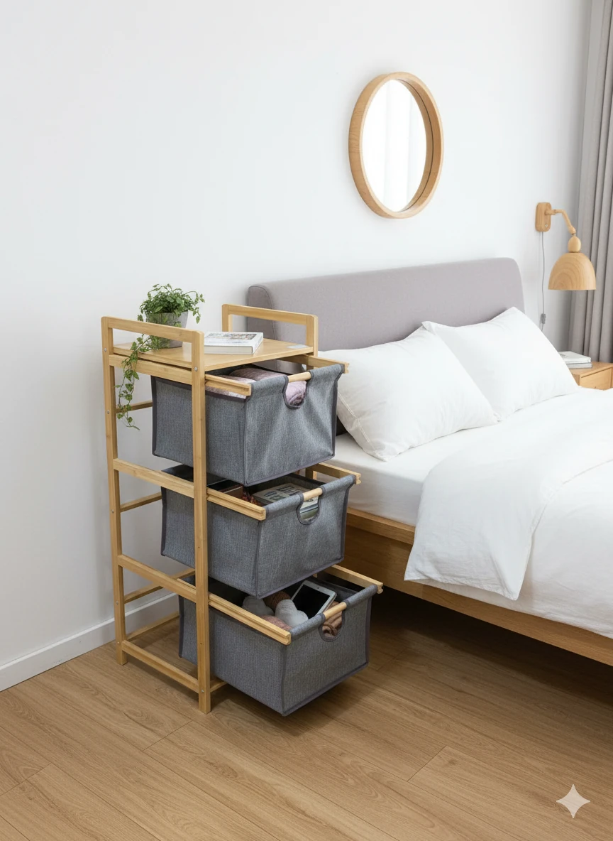 Bambu 3 Katlı  Kumaş Sepetli Organizer