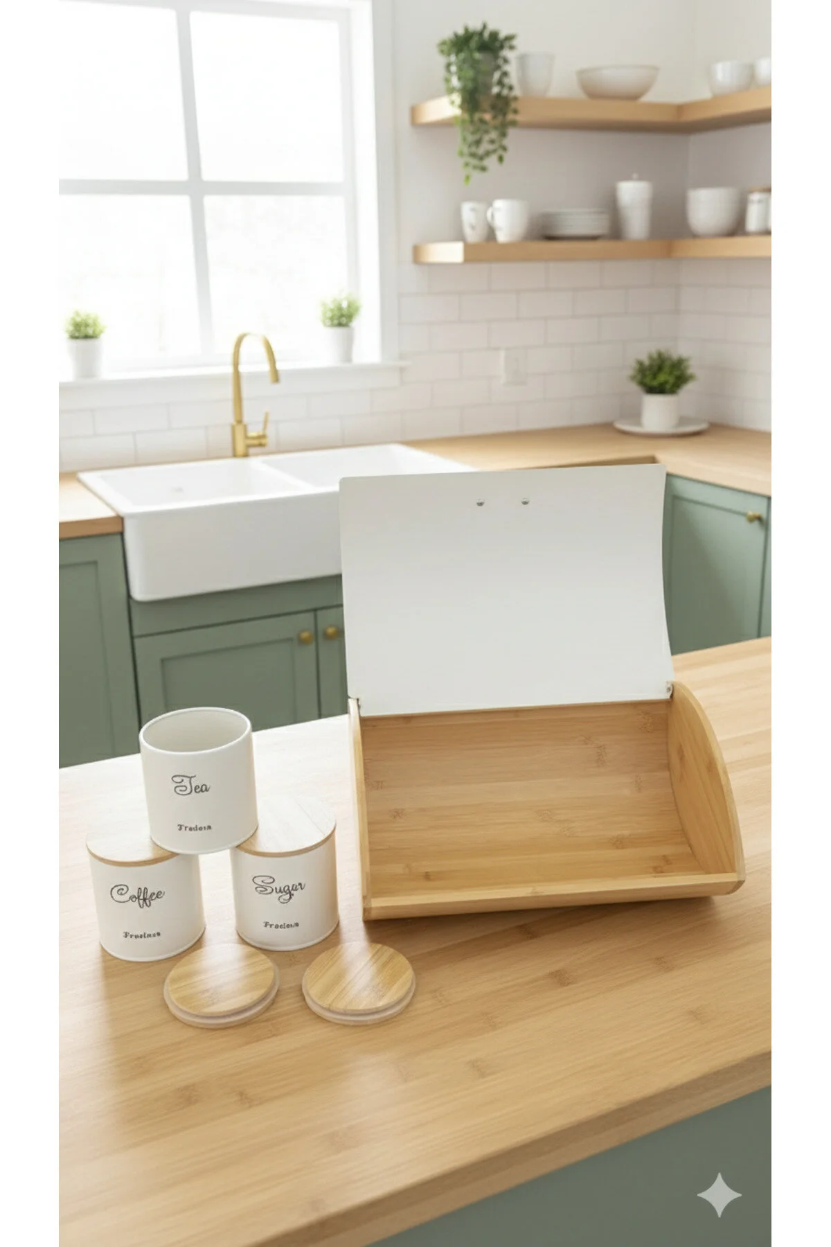 Metal Bambu Ekmeklik Ve Çay,Şeker,Kahve Kap Seti 