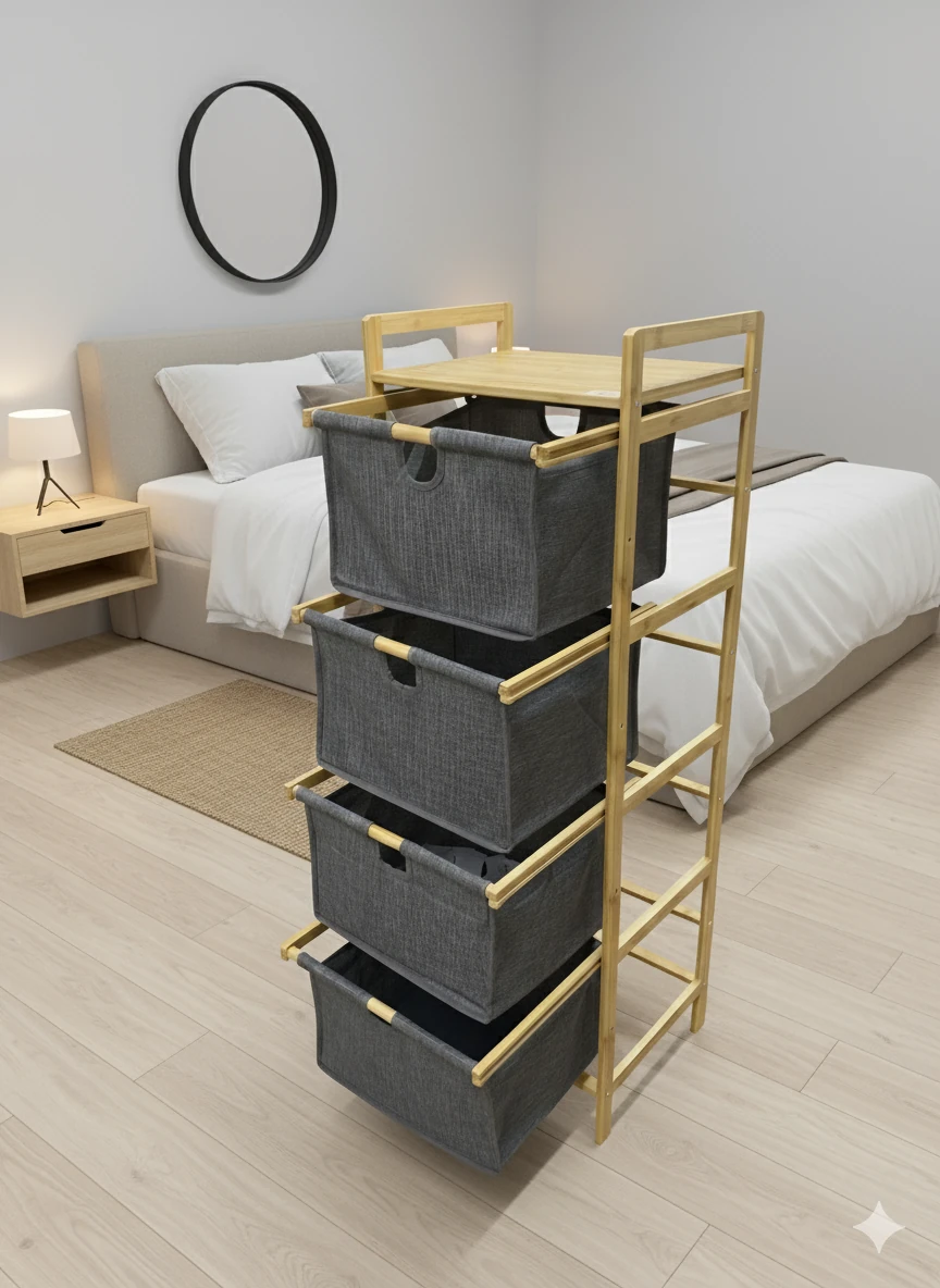 Bambu 4 Katlı Kumaş Sepetli Organizer  