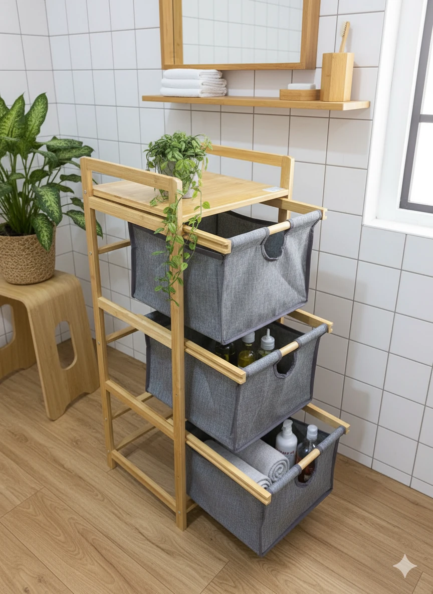 Bambu 3 Katlı  Kumaş Sepetli Organizer