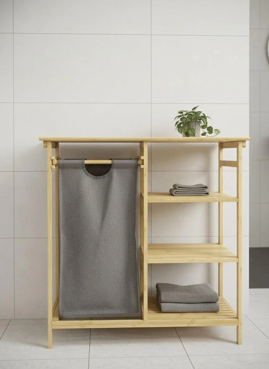 Bambu Çamaşır Sepetli Raflı Çamaşırlık 