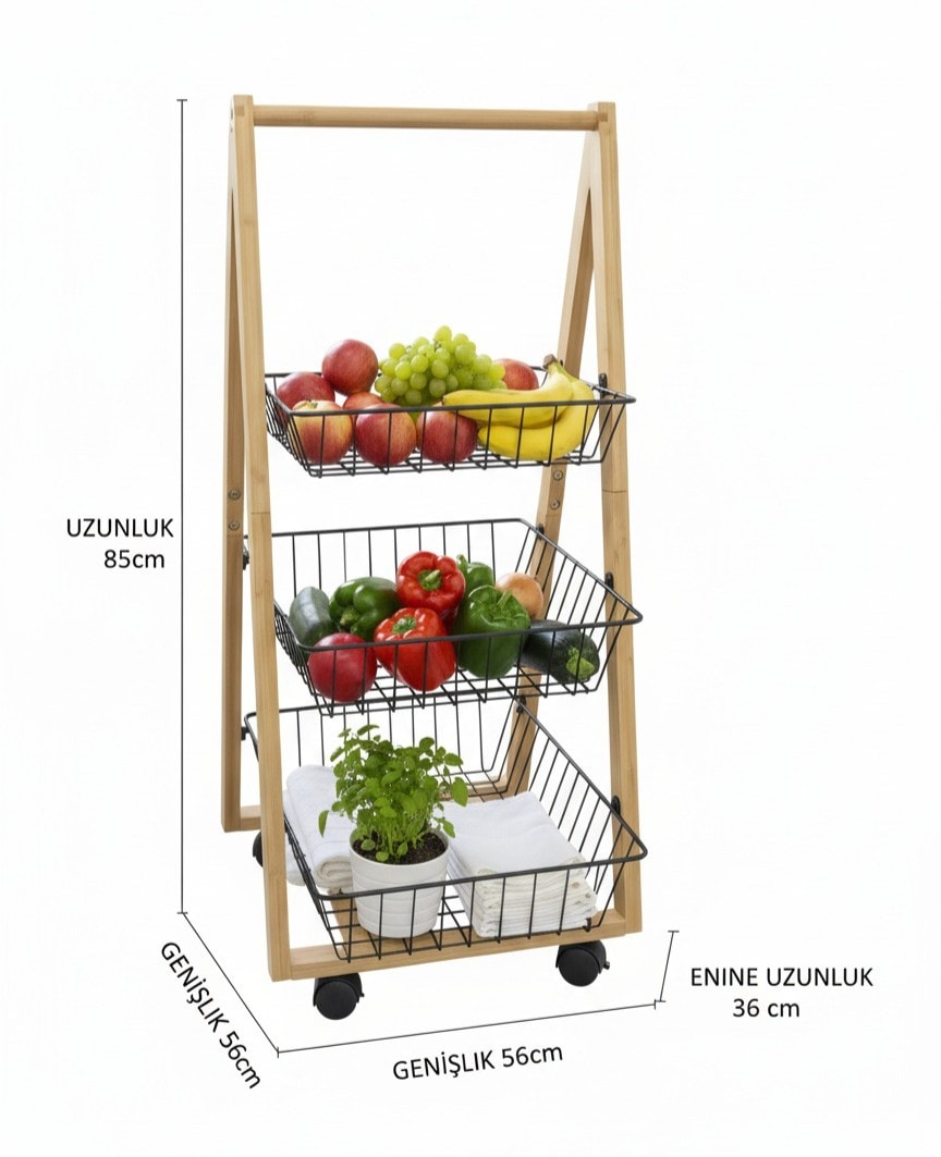 Bambu 3 Katlı Tekerlekli Meyvelik Sebzelik