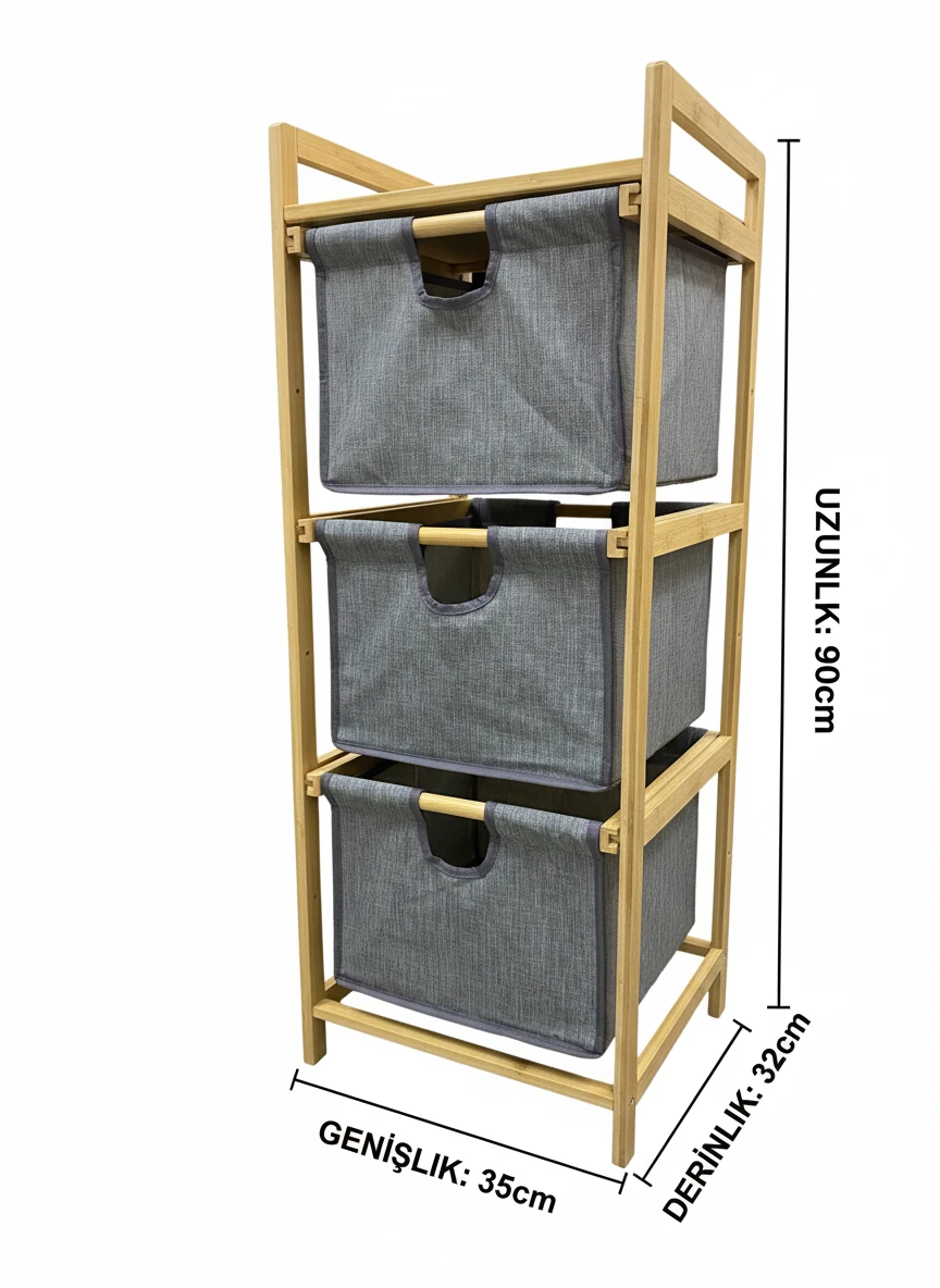 Bambu 3 Katlı  Kumaş Sepetli Organizer