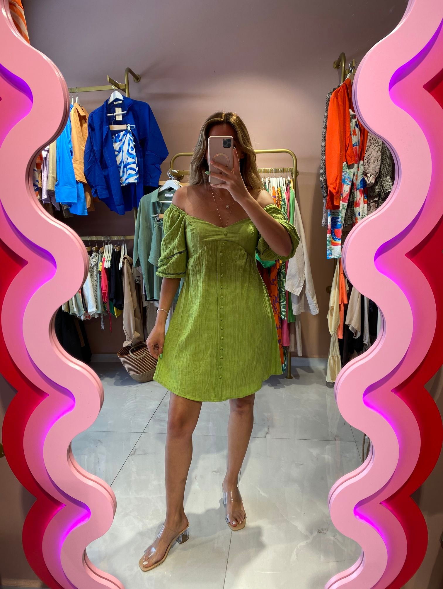 Betty Gofre Astarlı Elbise - Fıstık Yeşili