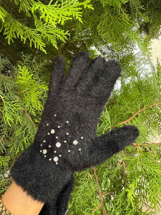 Üzeri Taşlı İçi Kürklü Tüylü Eldiven - Siyah
