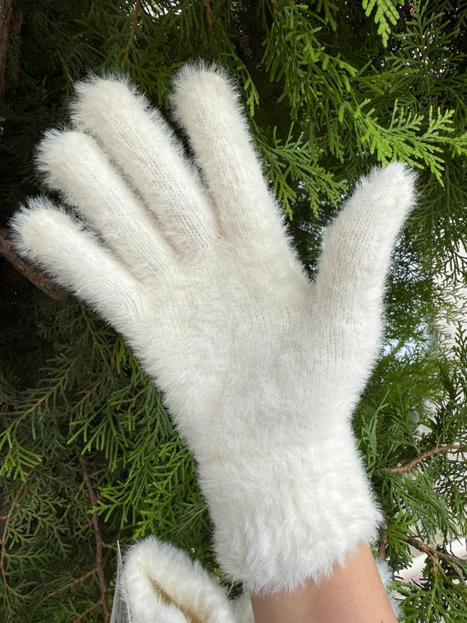 Üzeri Taşlı İçi Kürklü Tüylü Eldiven - Ekru