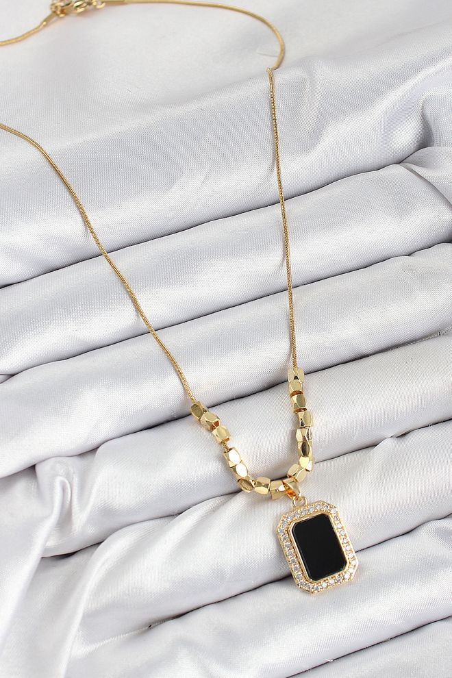 316l Çelik Zirkon Taşlı Siyah Baget Model Gold Renk Kadın Kolye