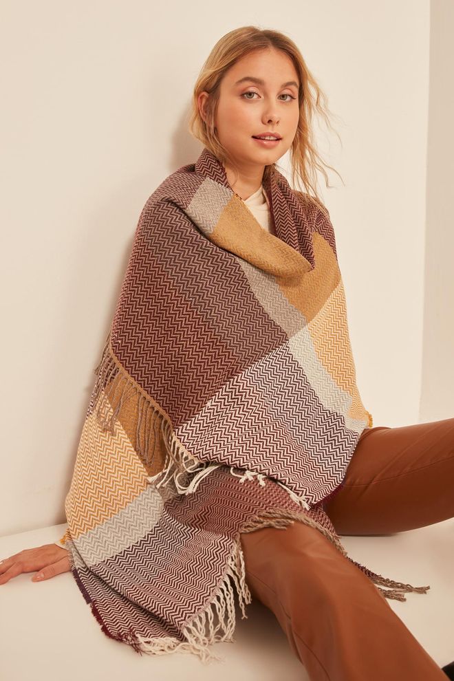 Yumuşak Dokulu Balık Sırtı Desenli Kalın Omuz Şal Atkı - Bordo