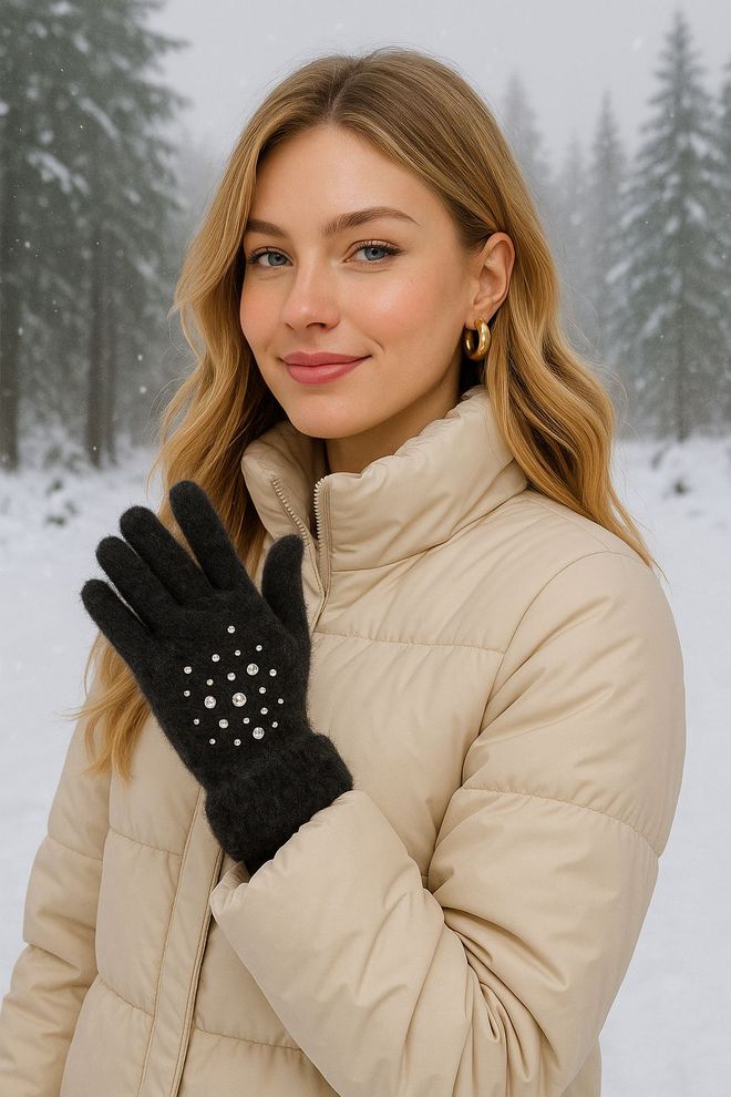 Üzeri Taşlı İçi Kürklü Tüylü Eldiven - Siyah