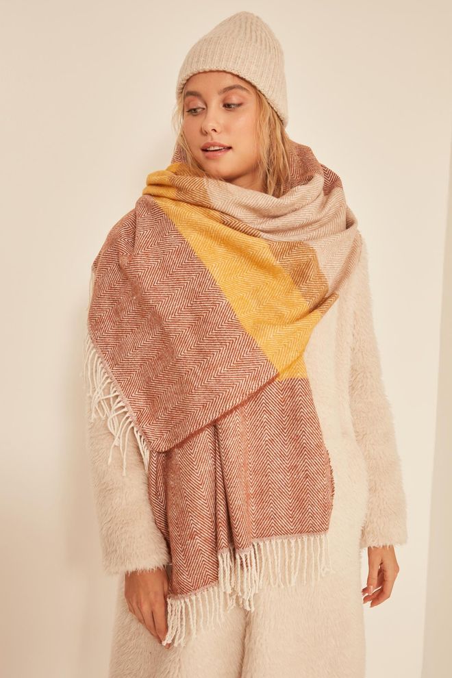 Yumuşak Dokulu Balık Sırtı Desenli Kalın Omuz Şal Atkı - Orange