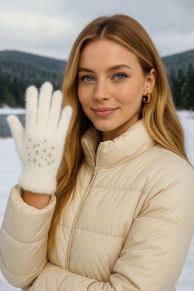 Üzeri Taşlı İçi Kürklü Tüylü Eldiven - Ekru