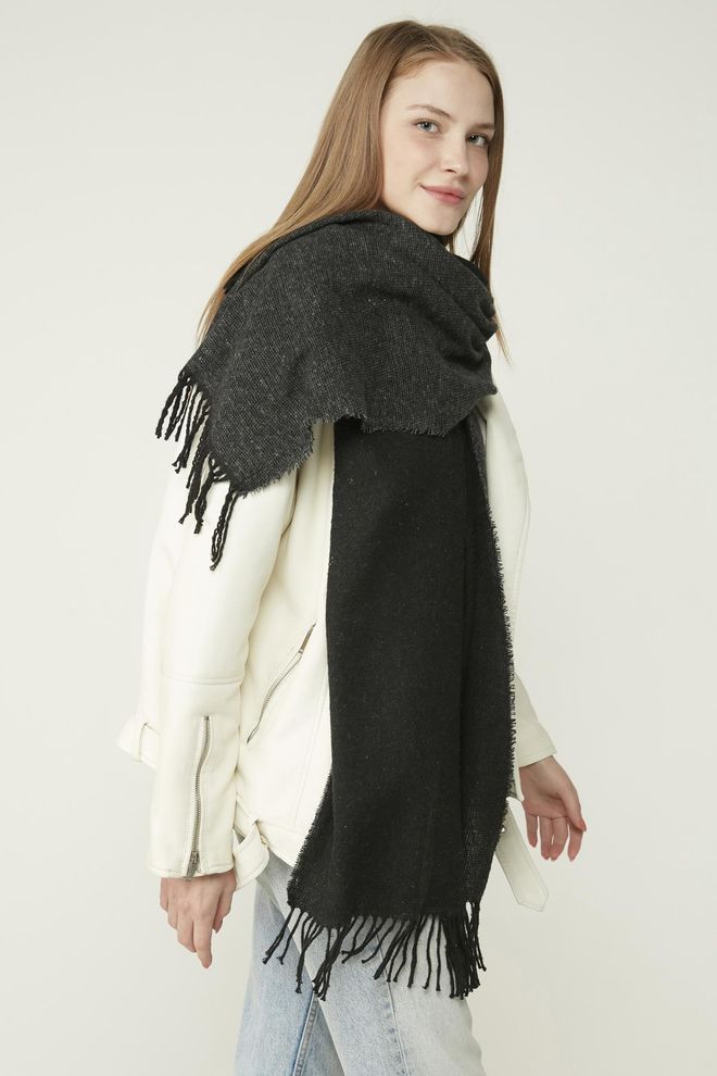 Antrasit Çift Taraflı Kalın Omuz Şal Atkı - Siyah