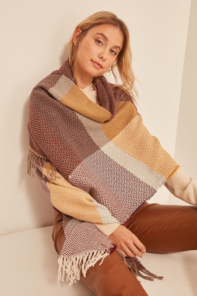 Yumuşak Dokulu Balık Sırtı Desenli Kalın Omuz Şal Atkı - Bordo