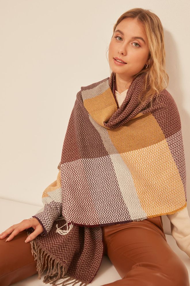 Yumuşak Dokulu Balık Sırtı Desenli Kalın Omuz Şal Atkı - Bordo