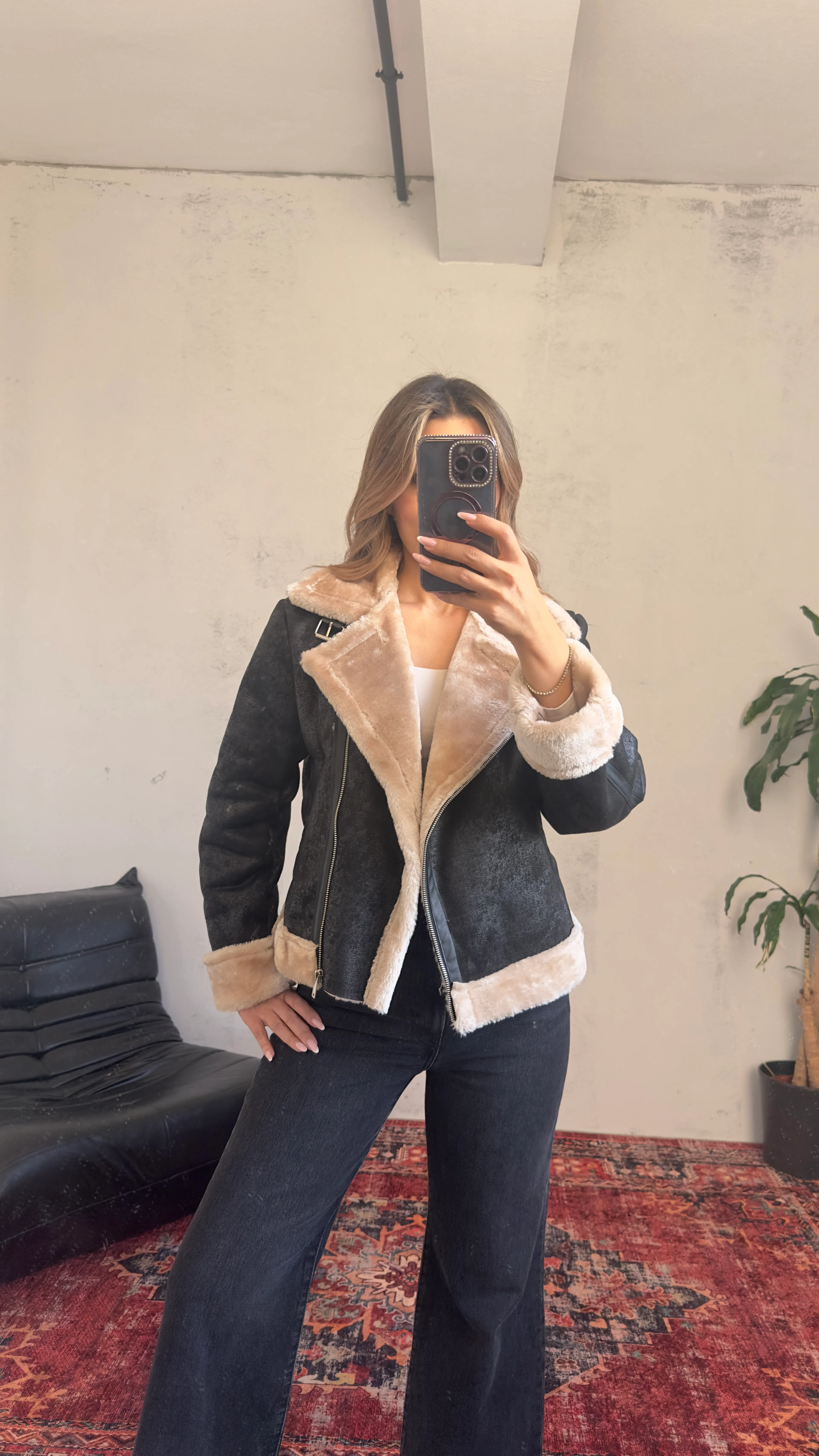 İthal Kürklü Bıker Ceket - siyah